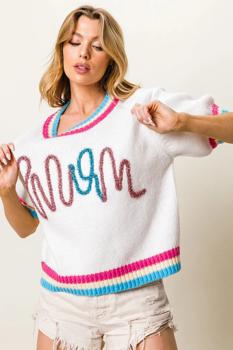 BiBi Sweater White with Metallic Letter Short Puff Sleeve Pullover 85bb75d9cbba4818890d1a290d809374-Max-Origin Trendsi