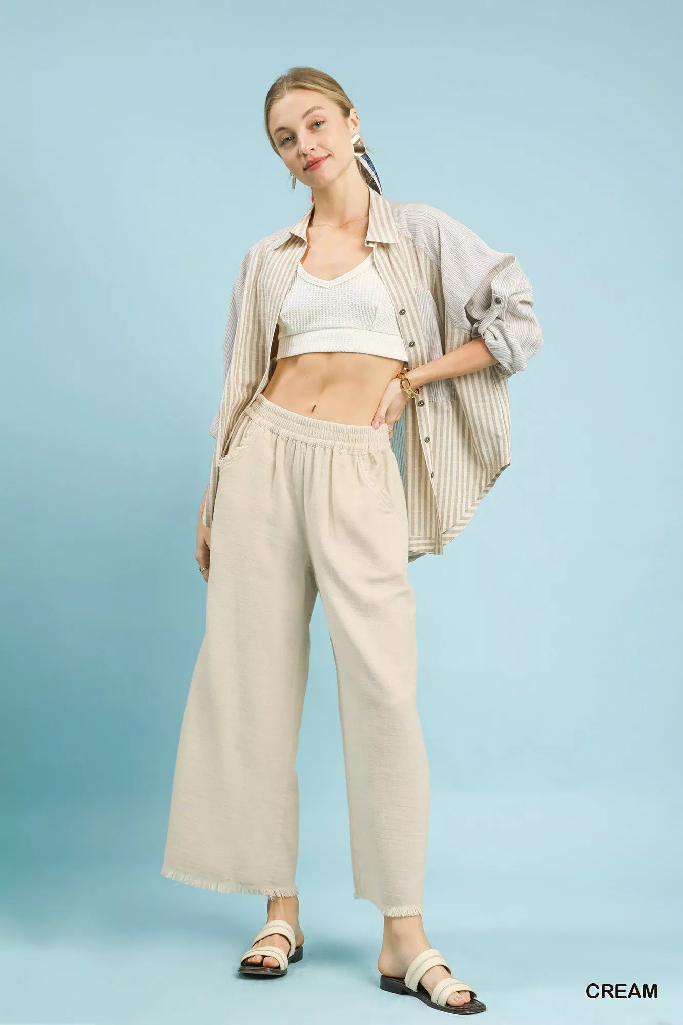 Umgee Wide Leg Pants Cream Cotton Frayed Hem with Pockets 85be7121-652a-4e23-9e4b-947a8fec1e7e-Max-Origin Trendsi