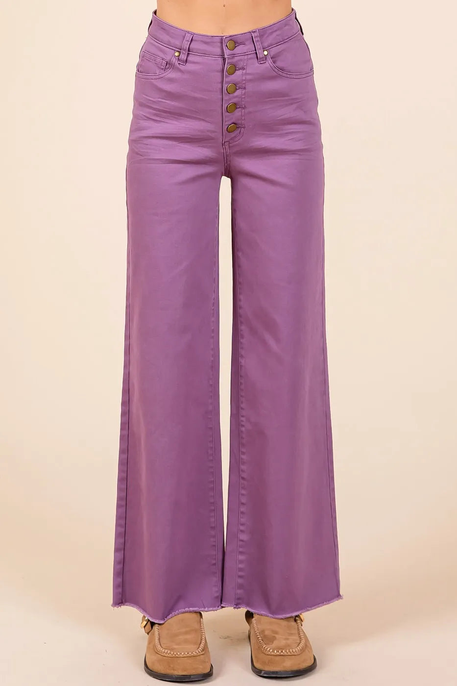 Mittoshop Wide Leg Pants Plum Twill High Waisted Button Fly Raw Hem PLUM 85c18a9b0bc34805be4b11408f3ce0e6-Max-Origin Trendsi