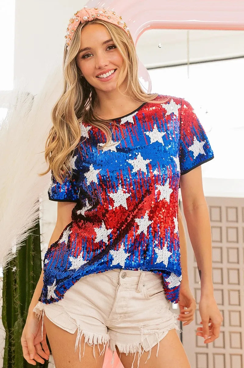 BiBi Sequin Top American Theme Star Pattern Short Sleeve T-shirt 85cb6f32937c48af9143a17c2100b184-Max-Origin Trendsi