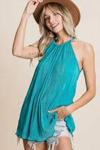 BiBi Halter Top Teal Pleating Knit Ruched Tied Blouse 85cf087bb2924b278c9d8c1540d88818-Max-Origin Trendsi