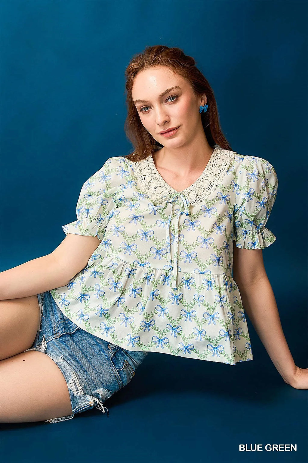 Umgee Blouse Bow Blue Floral Print Lace Detail Flounce Short Sleeve Top BLUE GREEN 85d77b90-4991-4506-b8b0-2c1e917e6105-Max-Origin Trendsi