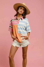 BiBi Women Shirt Mix And Match Stripe Color Block Short Sleeve Top 85dac297b30746f0898378bb1b9c5cca-Max-Origin Trendsi