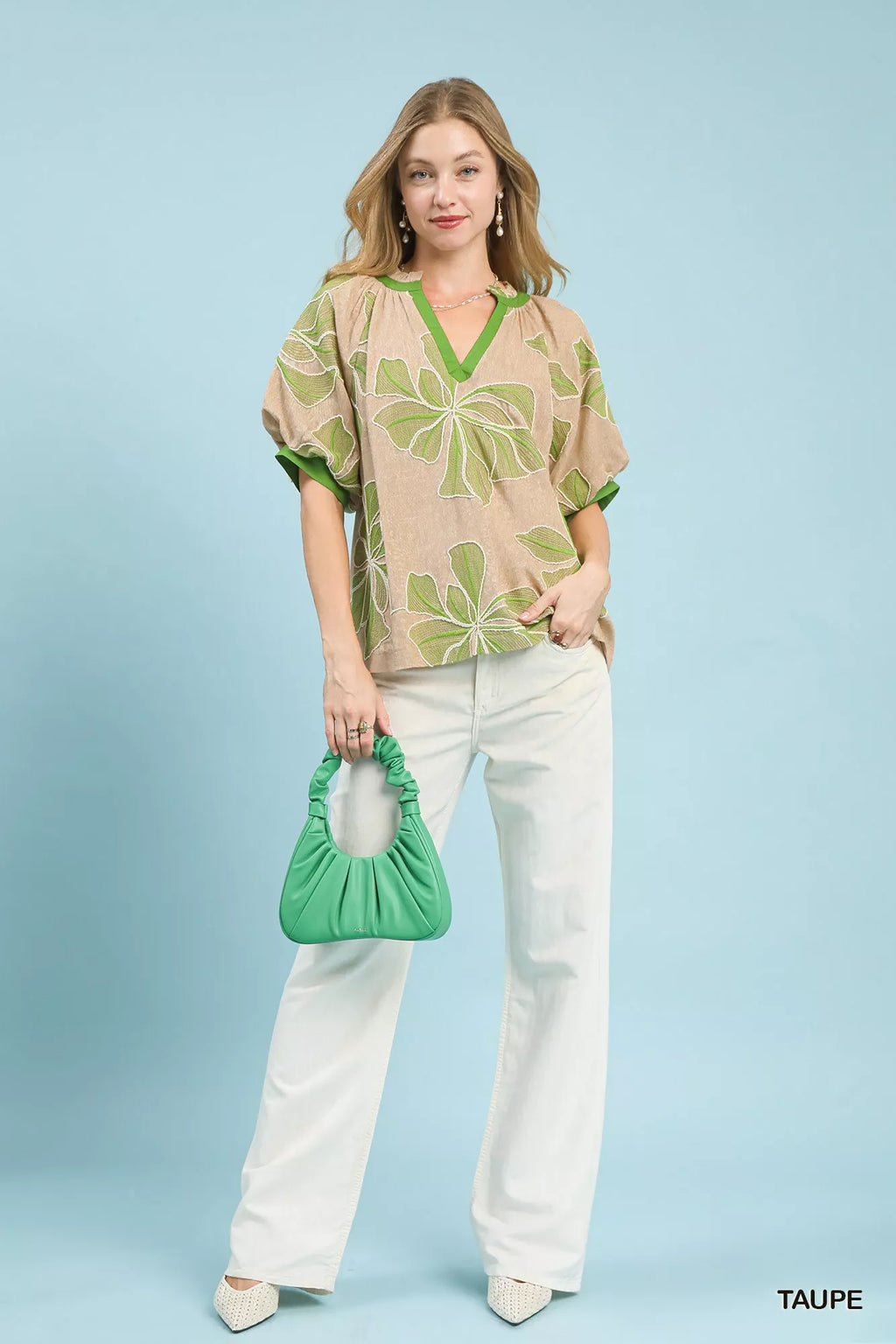 Umgee Womens Blouse Taupe Green Floral Embroidered V-Neck Short Sleeve Top 85dd6ef6-d433-4cf3-9391-7179ef577ff4-Max-Origin Trendsi