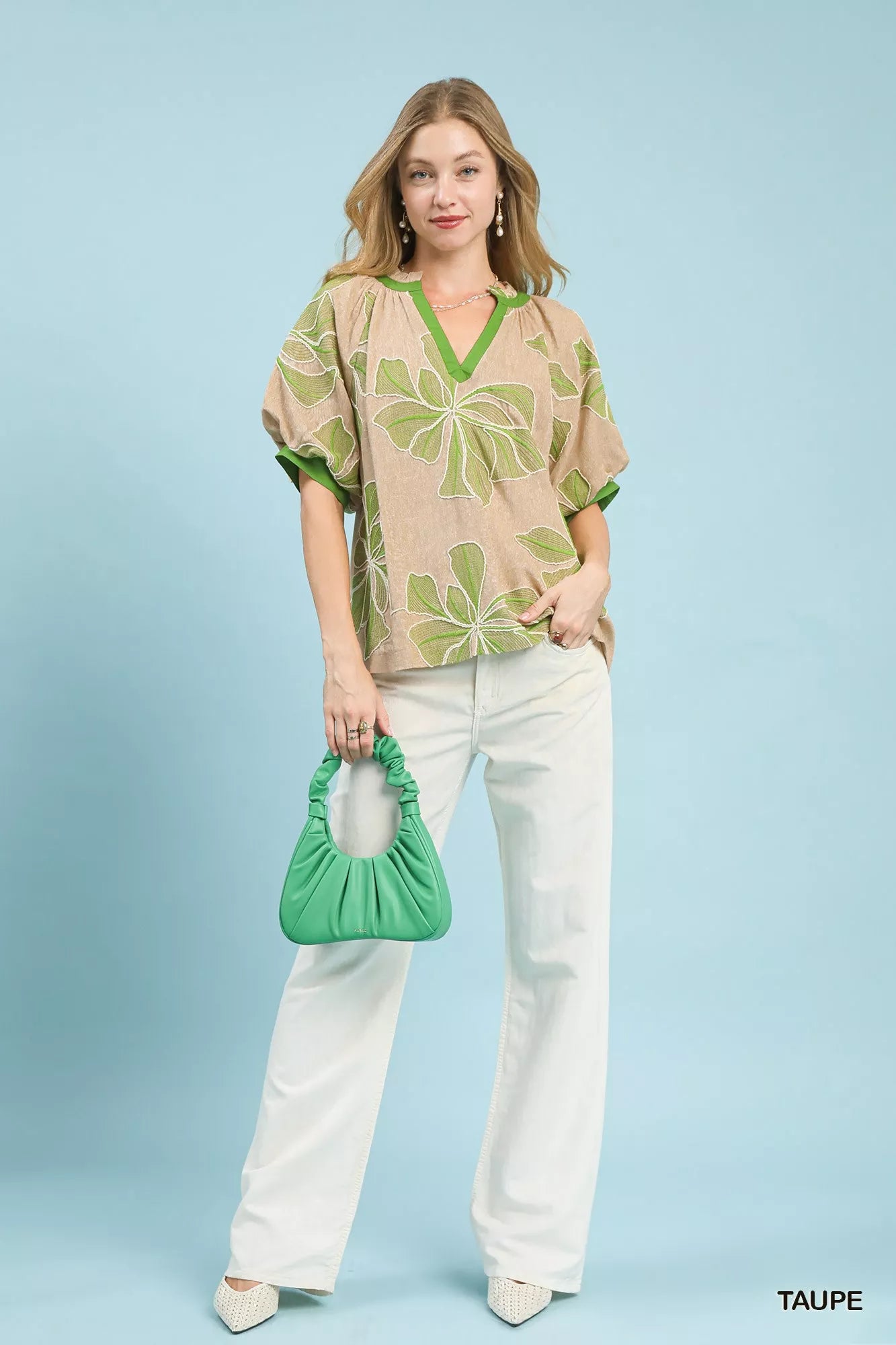 Umgee Womens Blouse Taupe Green Floral Embroidered V-Neck Short Sleeve Top 85dd6ef6-d433-4cf3-9391-7179ef577ff4-Max-Origin Trendsi