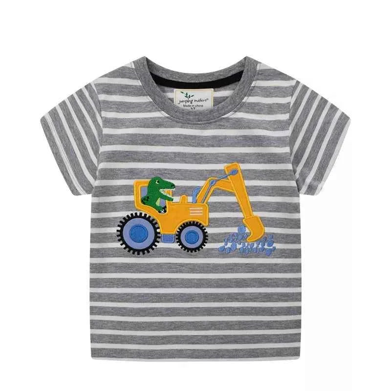 Boy's Cotton T-Shirt Children's Excavator Striped Round Neck Short Sleeve Top Dark Gray 85e5ccca-7ba0-4fa4-b55b-498f6db3c278-Max-Origin Trendsi