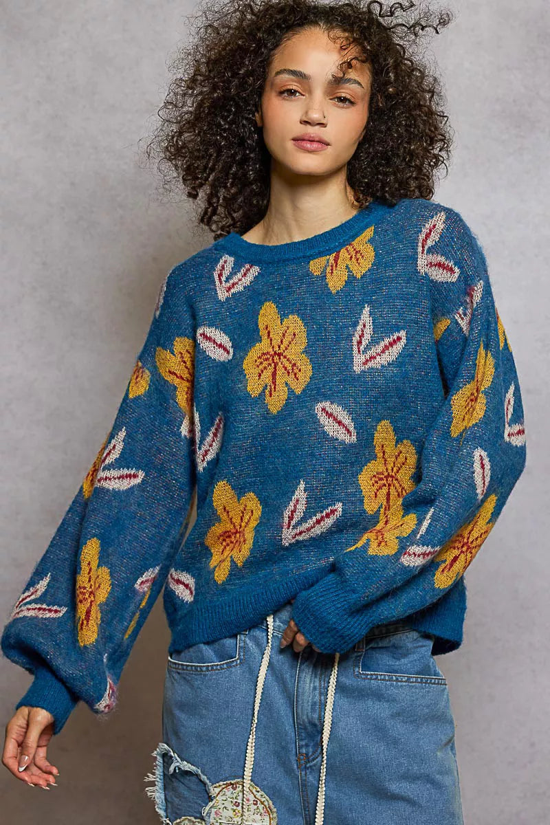 POL Womens Sweater Blue Floral Pattern Round Neck Balloon Sleeve Pullover 85e6e9f0-f205-42f6-a04a-82c484287df6-Max-Origin Trendsi