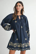 MABLE Mini Dress Navy Floral Embroidered Long Sleeve Peasant Tied Navy 85e969b540c84dac8baa713f4c24de9d-Max-Origin Trendsi
