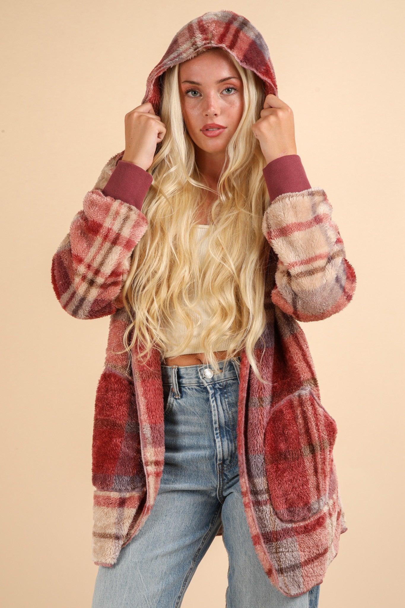 VERY J Fuzzy Plaid Long Sleeve Hooded Jacket Open Pocketed