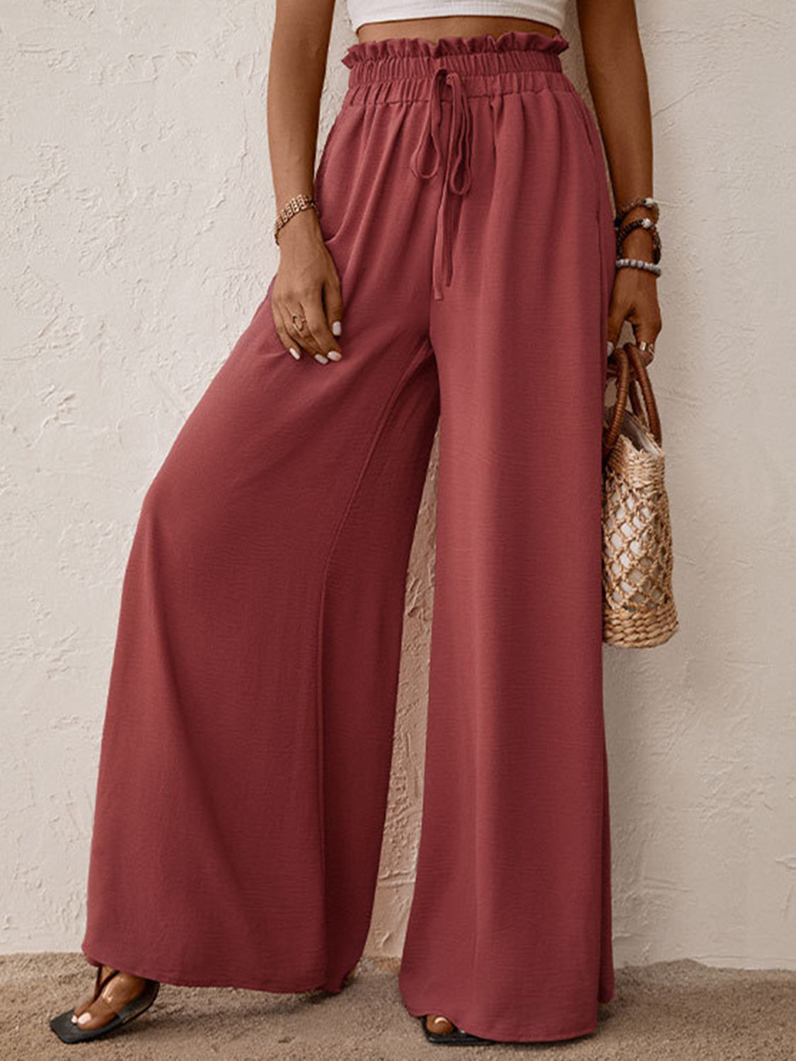 Perfee Wide Leg Pants Frill Tied Waist Women Rust Trousers with Pockets Rust 85f0a8d0-6afe-46e7-88a2-40885459846c-Max Trendsi