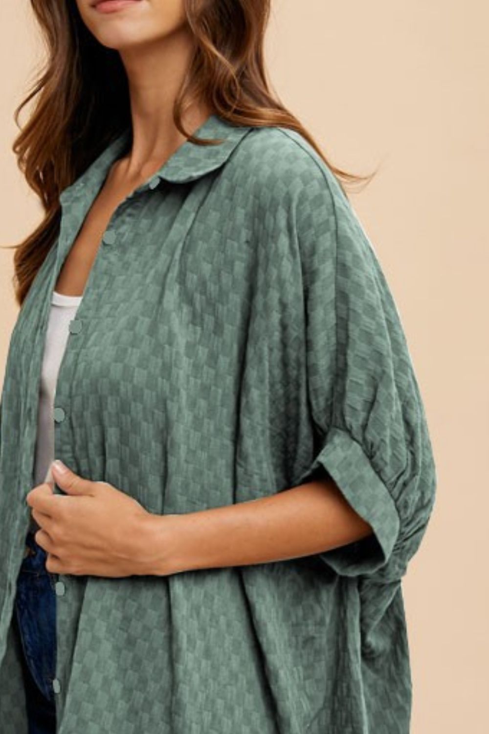 Women's Button Up Shirt Annie Wear Dark Sage Checkered Cotton Half Sleeve 860ca019-48a1-4182-84a3-fd1858b35460-Max Trendsi