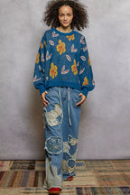 POL Womens Sweater Blue Floral Pattern Round Neck Balloon Sleeve Pullover 860dfede-3ca5-499b-8fd7-f0c339249c6f-Max-Origin Trendsi