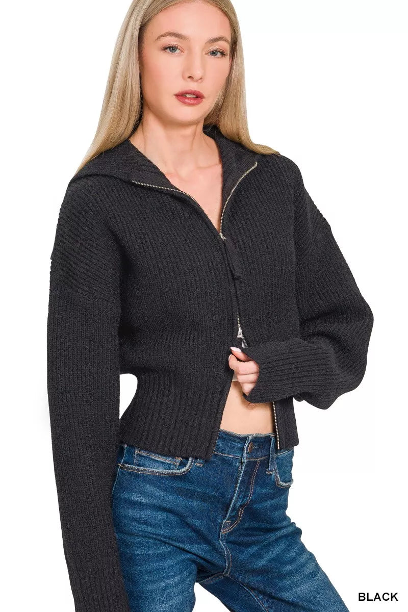 Zenana Womens Cardigan Black Ribbed Collared Zip Up Sweater 860f5efa0dd5494db741e0121d6cba42-Max-Origin Trendsi