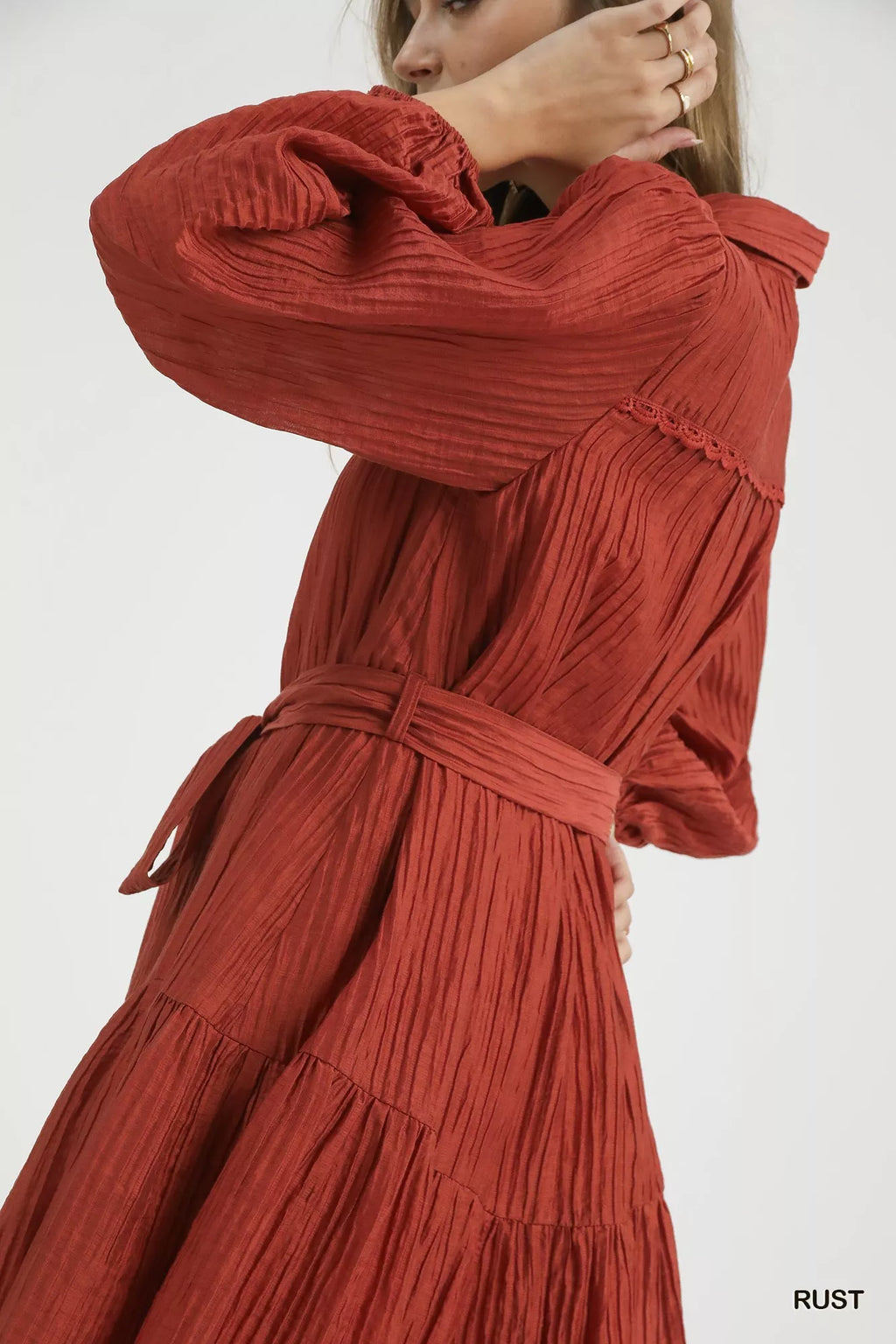 Umgee Mini Shirt Dress Crinkle Rust Button-Front Tiered with Waist Tie 8610afca-02e6-441f-942b-70b3eaa4b98a-Max-Origin Trendsi