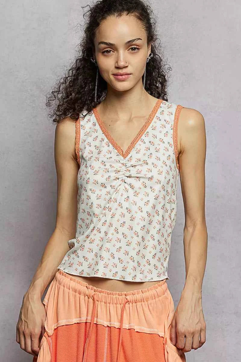 POL Tank Top Floral Ivory Ruched V-Neck with Lace Detail Blouse 86114512-4da2-4a84-b4a1-5c4dd21f5ba1-Max-Origin Trendsi