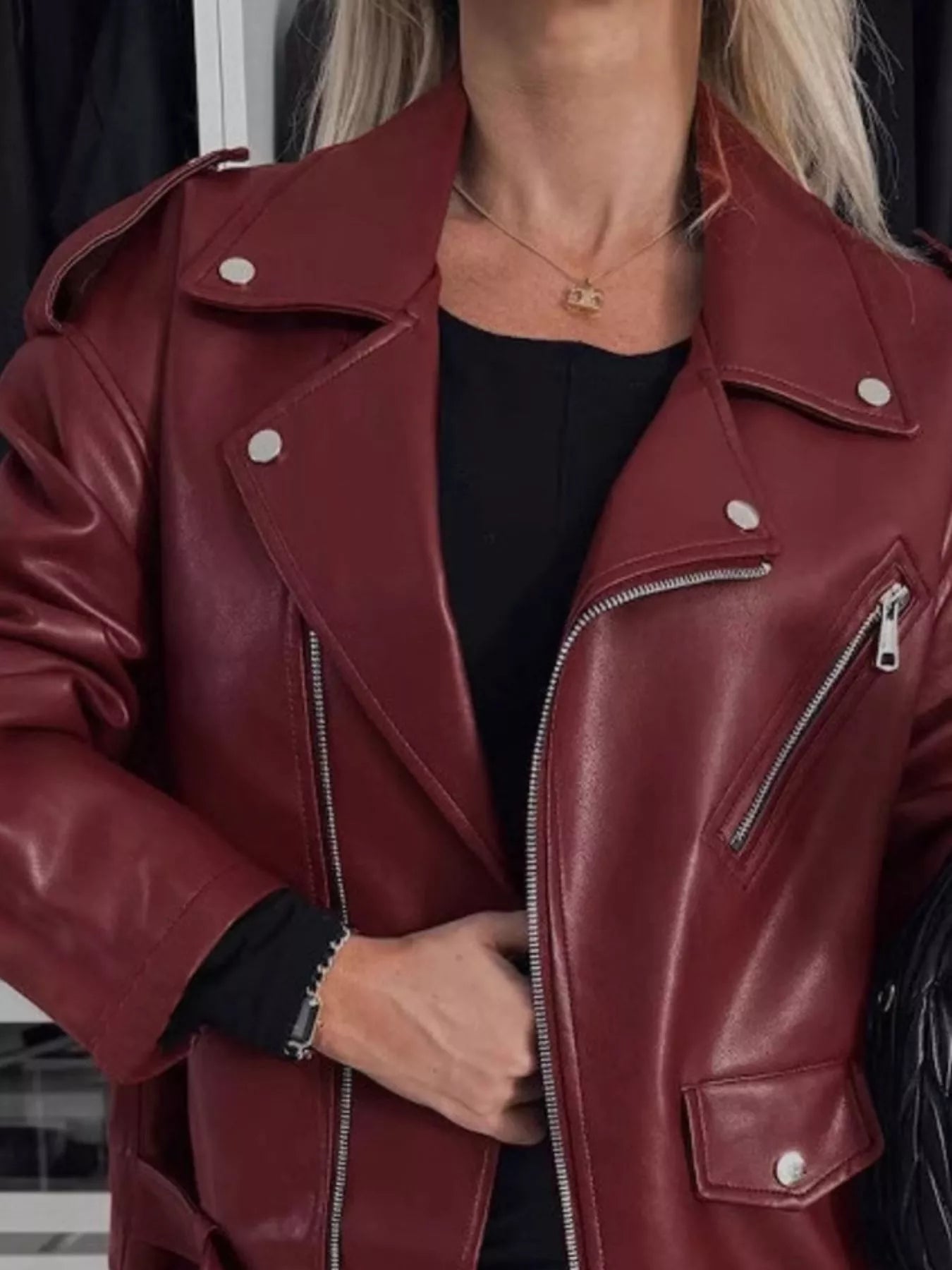 Women's Biker Jacket Zip Up Long Sleeve Pu Leather Overzided Outwear 8619692a-0383-411d-96d6-0eab59ace4fd-Max-Origin Trendsi