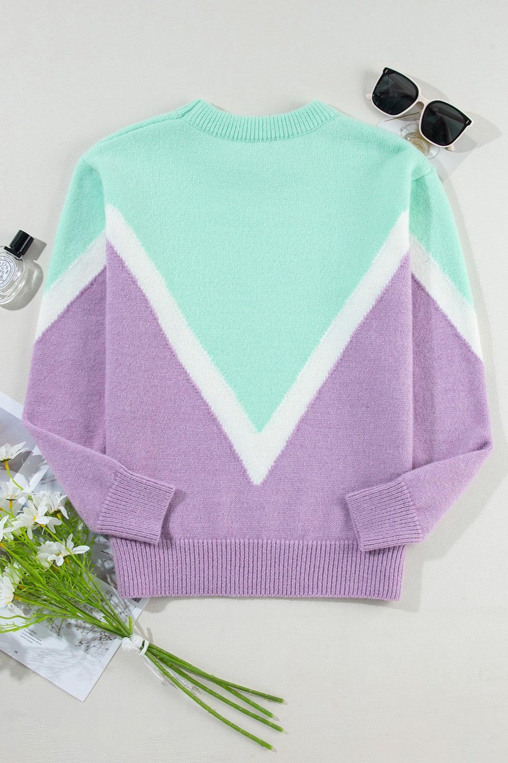 Contrast Sweater Round Neck Dropped Shoulder Long Sleeve Knitwear 861fda25-c83e-4464-8f87-9f5b377f3b80-Max Trendsi