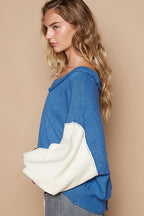 POL Women Sweater 100% cotton Exposed Seam Contrast V-Neck Lantern Sleeve 8620637d-c6e9-4904-9fd9-2696b5372cc0-Max Trendsi