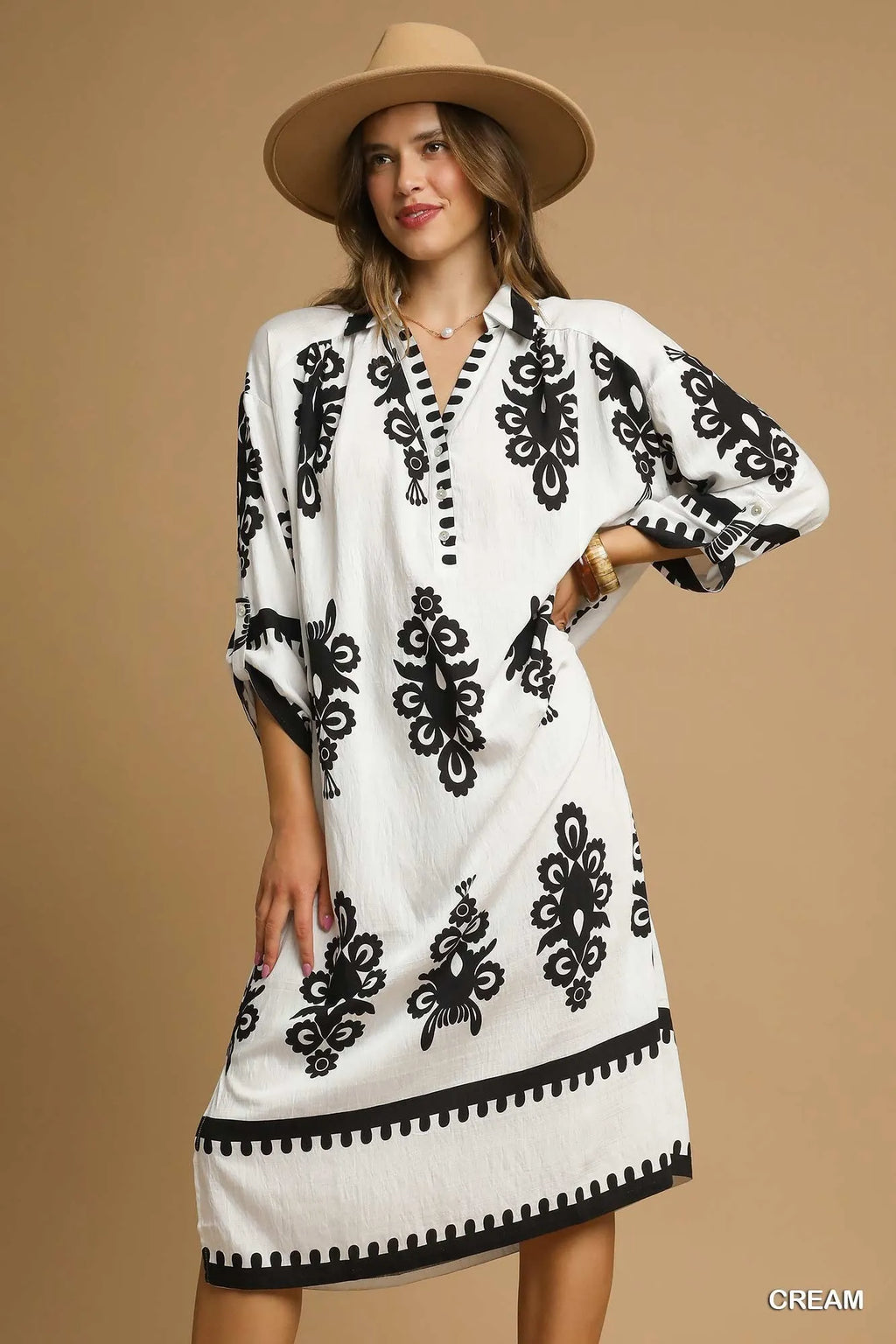 Umgee Midi Dress Cream Black Abstract Print Buttoned Short Sleeve Cream 862156f3-5552-4ae4-b2cc-202e752a9522-Max-Origin Trendsi