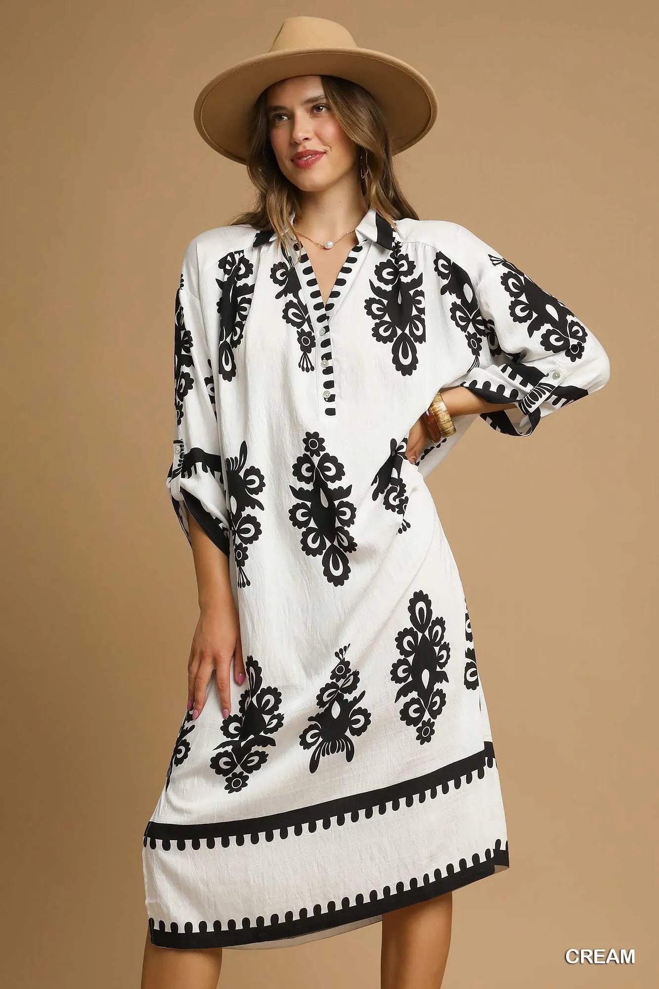 Umgee Midi Dress Cream Black Abstract Print Buttoned Short Sleeve Cream 862156f3-5552-4ae4-b2cc-202e752a9522-Max-Origin Trendsi