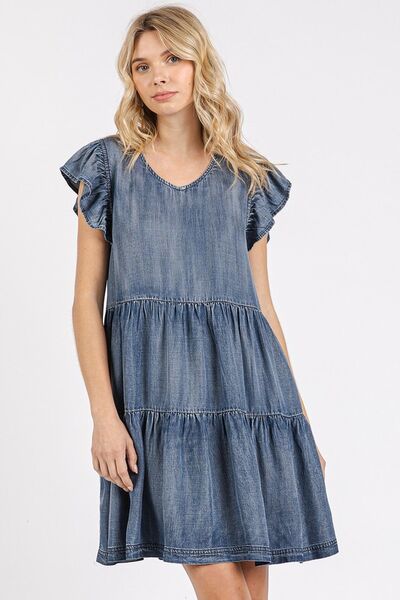 Mittoshop Denim Mini Dress V-Neck Ruffled Cap Short Sleeve 8623b8f3-d31a-4247-89cd-ddec9c06443d-Min Trendsi