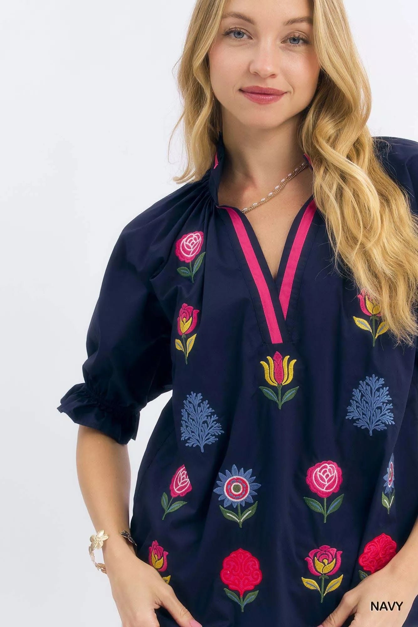 Umgee Womens Blouse Navy Blue Embroidered Floral Top with Contrast Trim 8628160f-a8a2-44f1-83e2-2c9ec59c7823-Max-Origin Trendsi