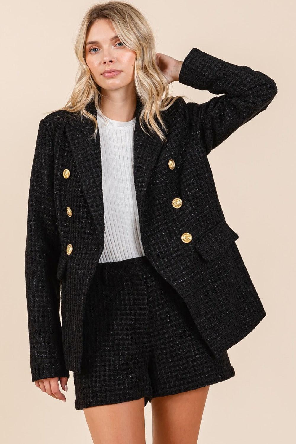Mittoshop Plaid Blazer Texture Double-Breasted Long Sleeve 863927f6-445b-4777-8a1a-e029c91938b9-Max Trendsi