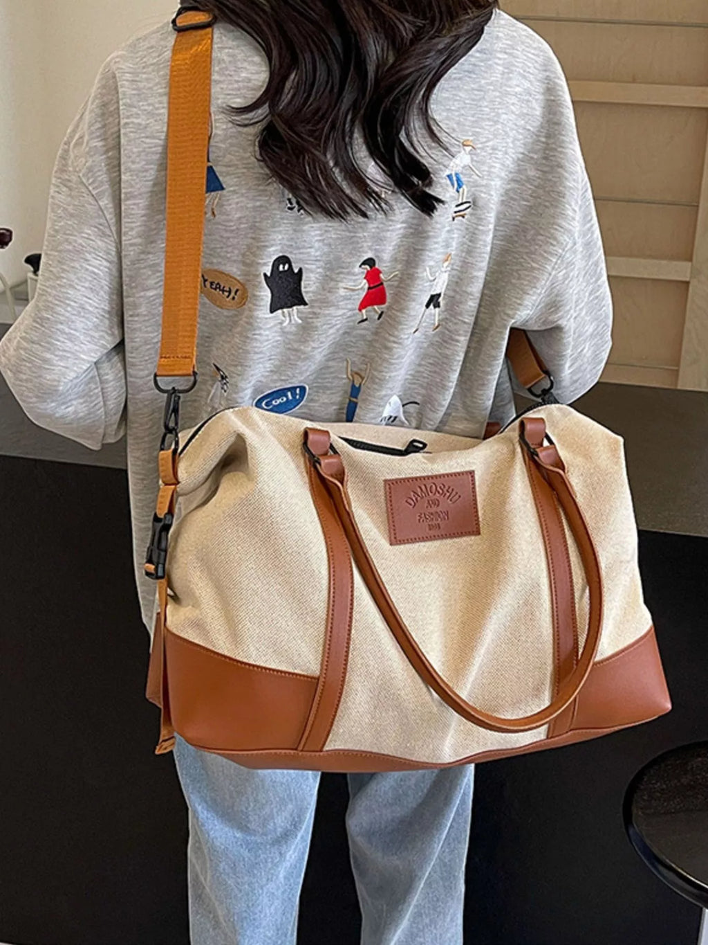 Travel Bag Canvas Leather Trim Large Handbags 8642229e-b224-468a-a7e4-24372afba608-Max-Origin Trendsi