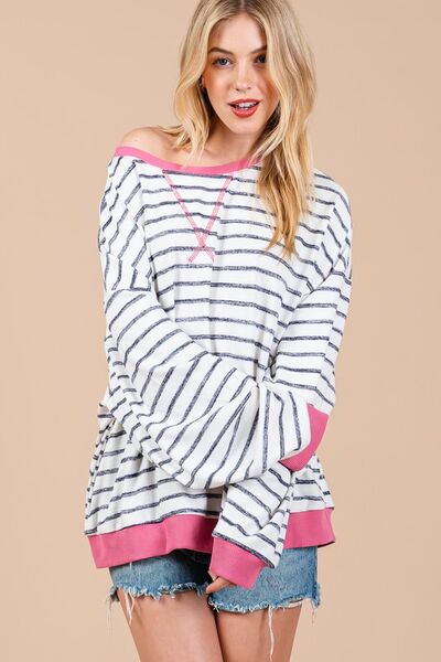 Ces Femme Striped Sweatshirt Round Neck Drop Shoulder White Black 8645e037-64bd-45e3-b1a8-47f13e321421-Min Trendsi