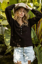 BiBi Sweater Top Black V Neck Knit With Button Details Long Sleeve Blouse 86504b6c9e6546509755d206afadad65-Max-Origin Trendsi