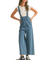 Vintage Wide Leg Denim Overalls with Buttoned Pockets, 95% Rayon and 5% Polyester, Non-Stretch Fabric