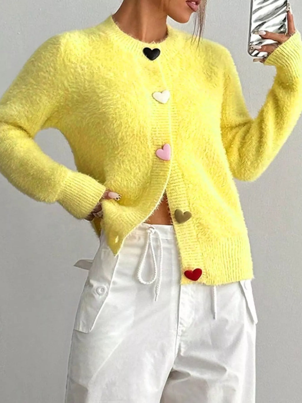 Women's Cardigan Yellow Soft Fuzzy Heart Button Long Sleeve 8652e8be-f64b-47a2-ba14-60bf4ef0d6fc-Max-Origin Trendsi