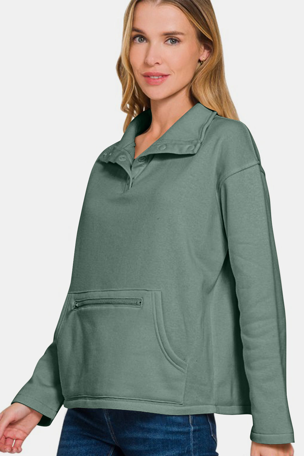 Zenana Sweatshirt Turtleneck Half Snap Fleece Long Sleeve Cotton Ash Jade