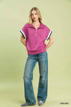 Umgee Blouse Orchid Pink Zip Front Casual Top with Contrast Stripe Trim 86644e14-6486-4ab0-85c0-03fb6a8cc0bc-Max-Origin Trendsi