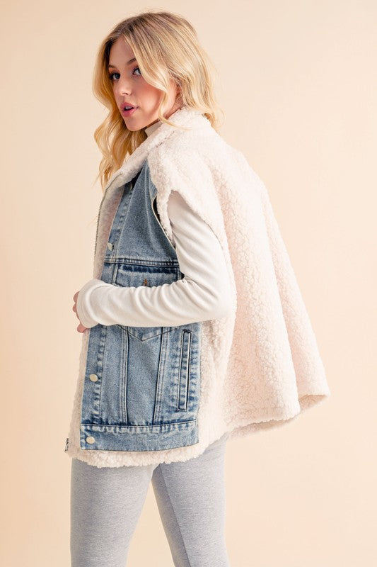 Aemi + Co Denim Vest Coat Fake Two Pieces Patch Sherpa Outwear 86656f33-d314-41fb-84c5-6b08a1b694ec-Max Trendsi