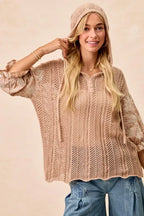BiBi Hooded Knit Top Taupe Jacquard Flower Puff 3/4 Sleeve Button Tied 8665a59a-def3-4e9f-980f-910cab7d3414-Max-Origin Trendsi