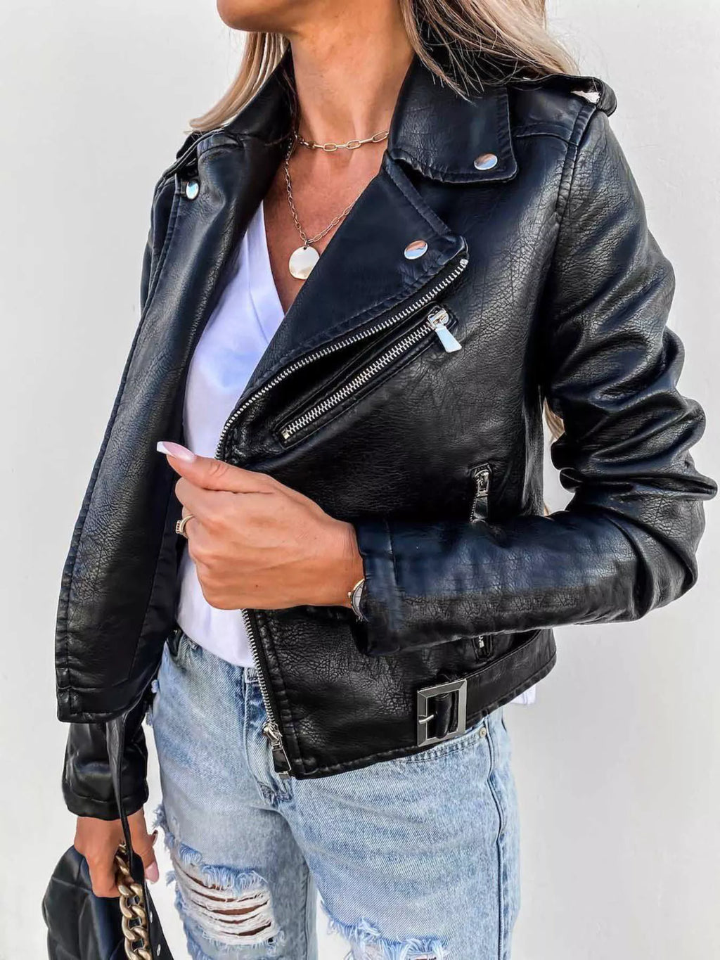 Women's Pu Leather Motorcycle Biker Jacket Zip Up Pocketed Outwear Black 866ef467e74b4b7dbe3af3b014cfaa6d-Max-Origin Trendsi