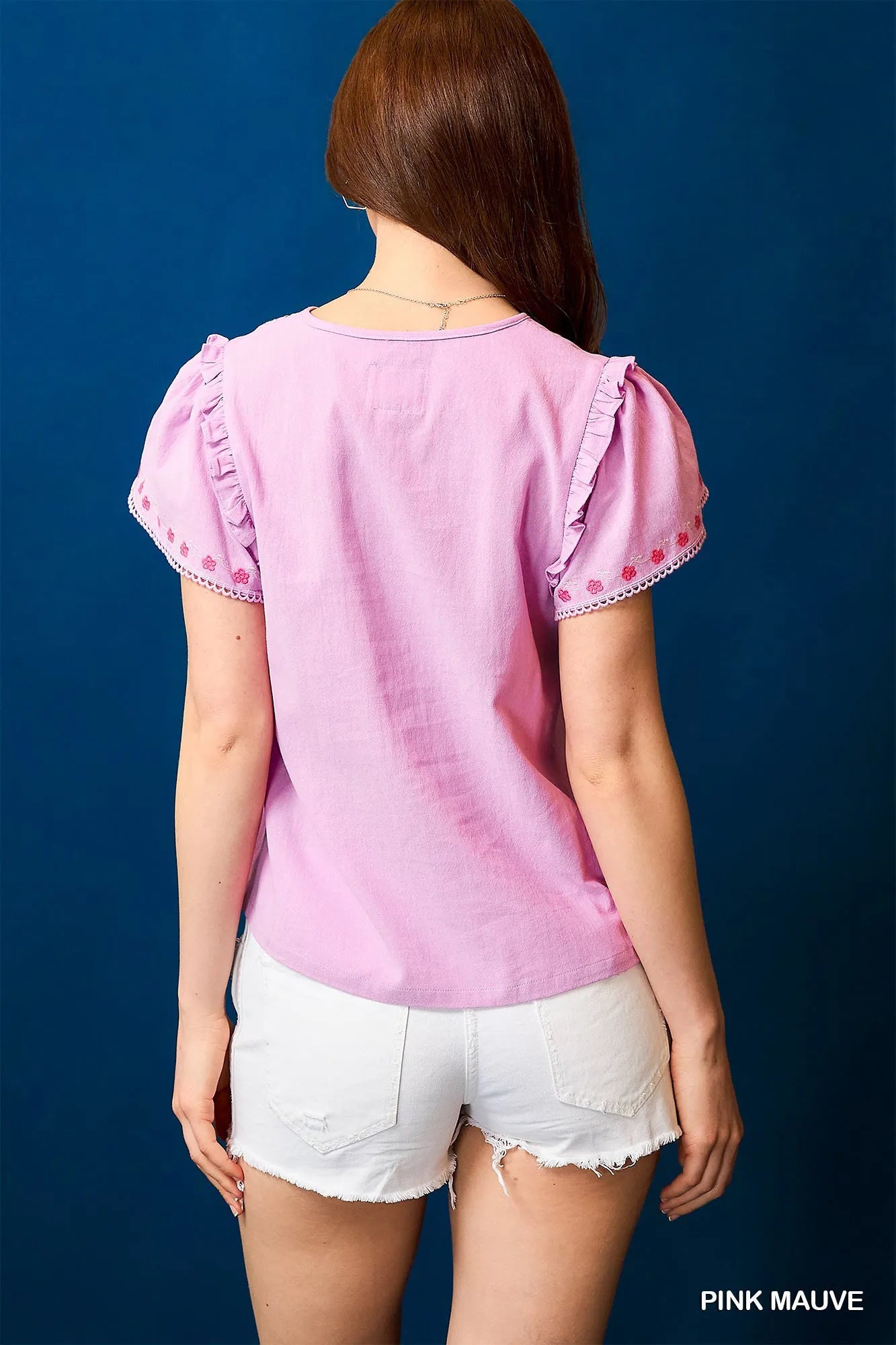 Umgee Blouse Pink Floral Embroidered Tie Neck Short Sleeve Cotton Top 8670e3c6-c2ad-427a-84db-218cc011a725-Max-Origin Trendsi