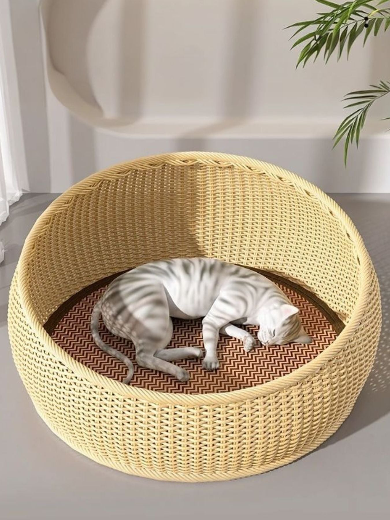Round Woven Rattan Pet Nest with Semi-Enclosed Design for Security, Available in Medium and Large Sizes