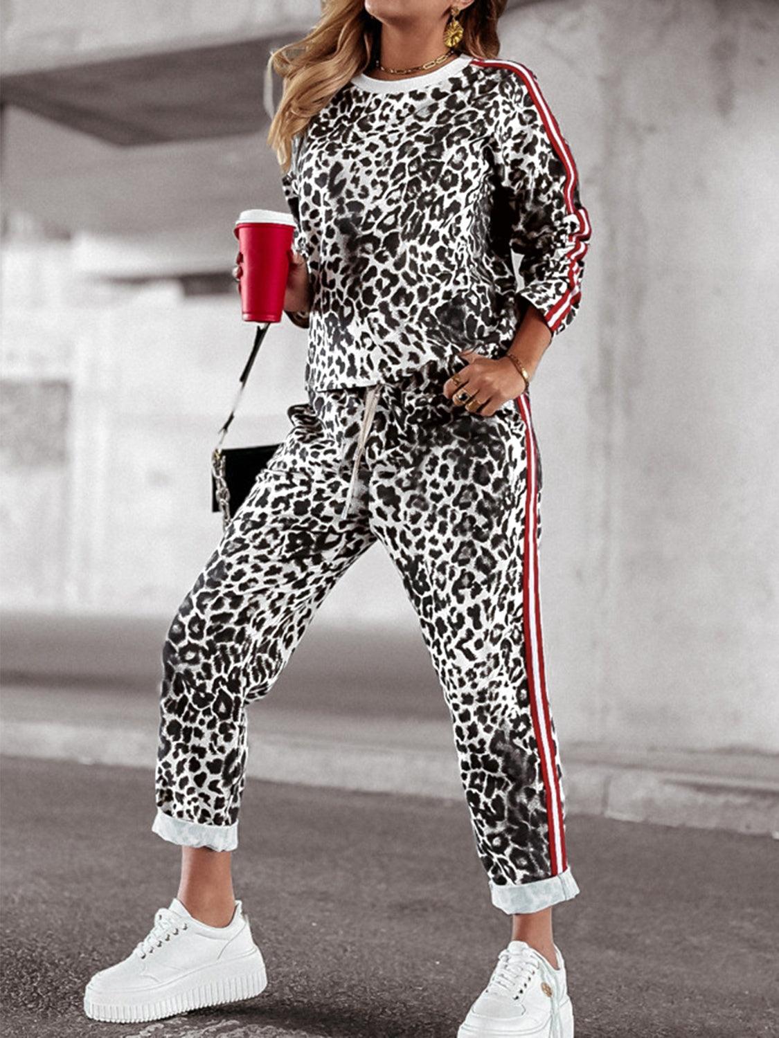 Leopard Outfit Set YO Fashionable Round Neck Long Sleeve Top and Pants Set