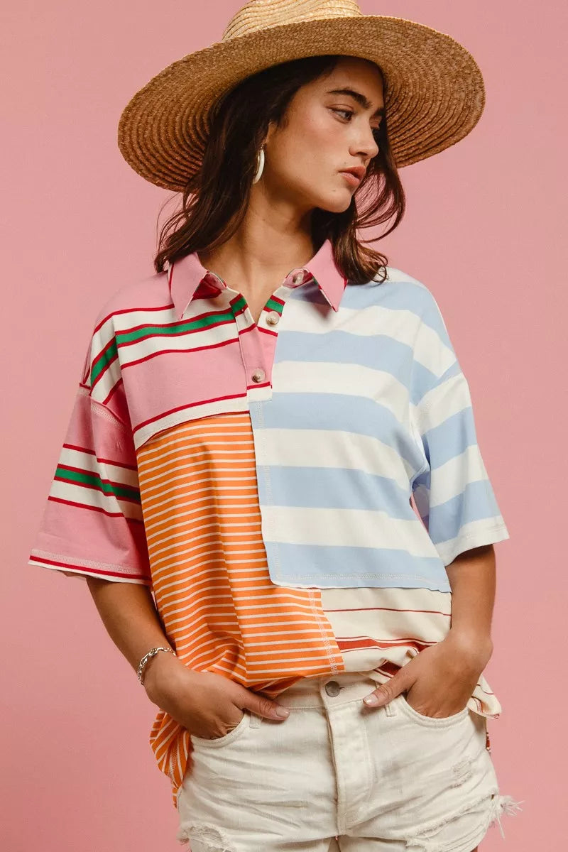 BiBi Women Shirt Mix And Match Stripe Color Block Short Sleeve Top 868d59e2b58f4035ab761c31d532a83a-Max-Origin Trendsi