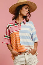 BiBi Women Shirt Mix And Match Stripe Color Block Short Sleeve Top 868d59e2b58f4035ab761c31d532a83a-Max-Origin Trendsi