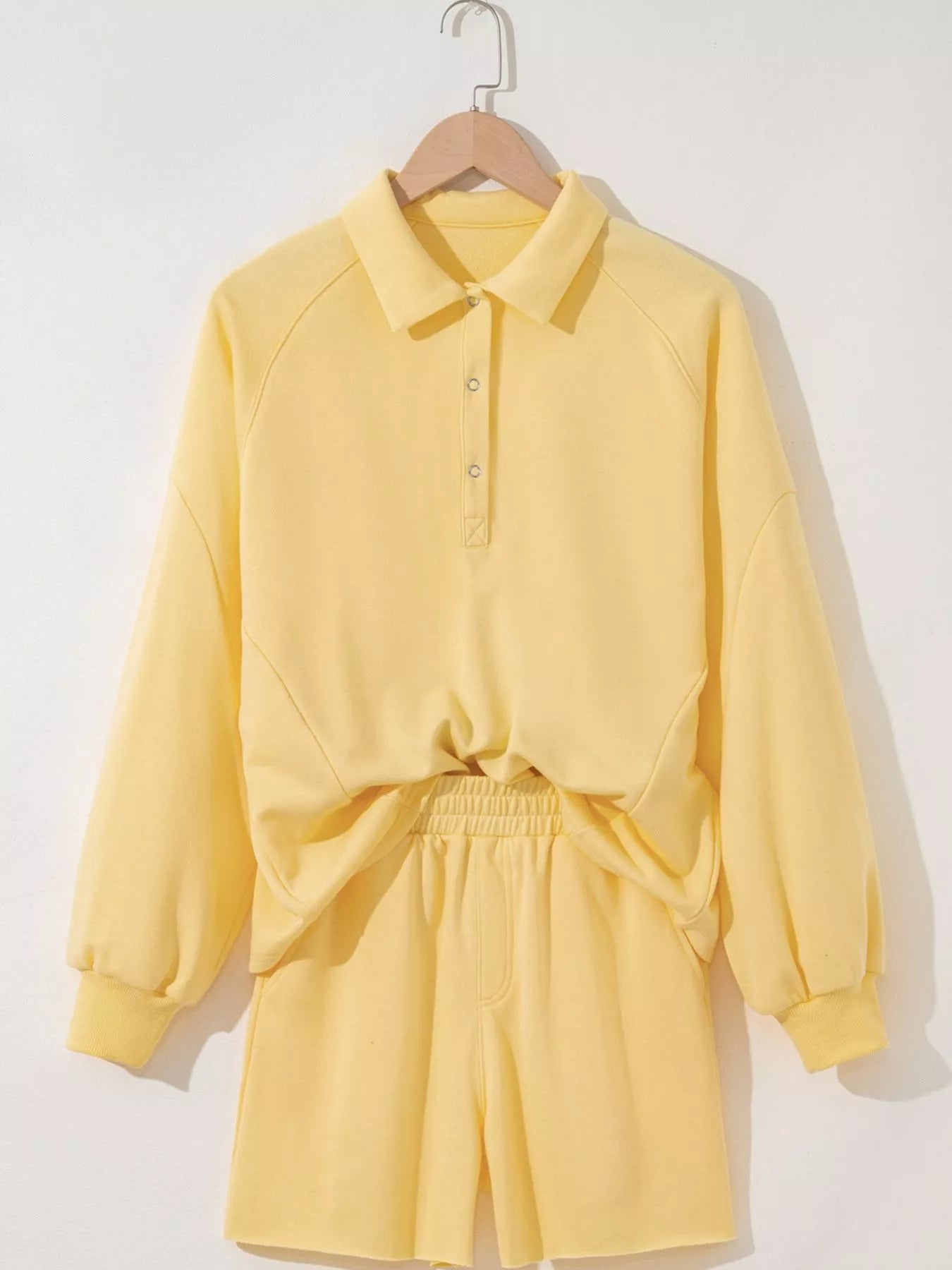 Women's Outfit Set Button Collar Drop Shoulder Top and Shorts 2pcs Set Yellow 868ee041-26a1-4c02-9f7c-c7f6e4c06228-Max-Origin Trendsi