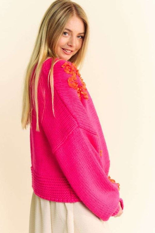 Davi & Dani Cardigan Floral Applique Open Front Hot Pink Oversized Soft Sweater