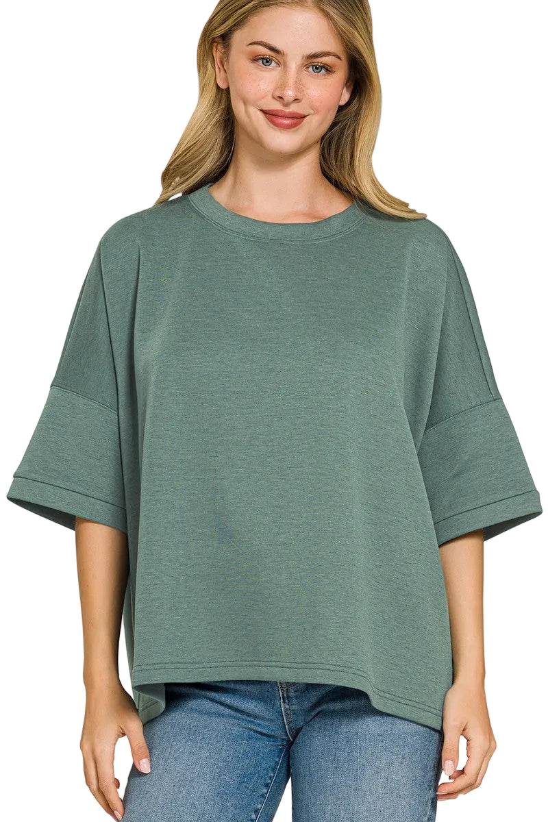 Zenana Plus Size Full-Length Scuba Fabric Round Neck Top with Side Slits