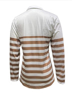 Flat lay of brown and white striped long sleeve shirt showing shoulder and stitching