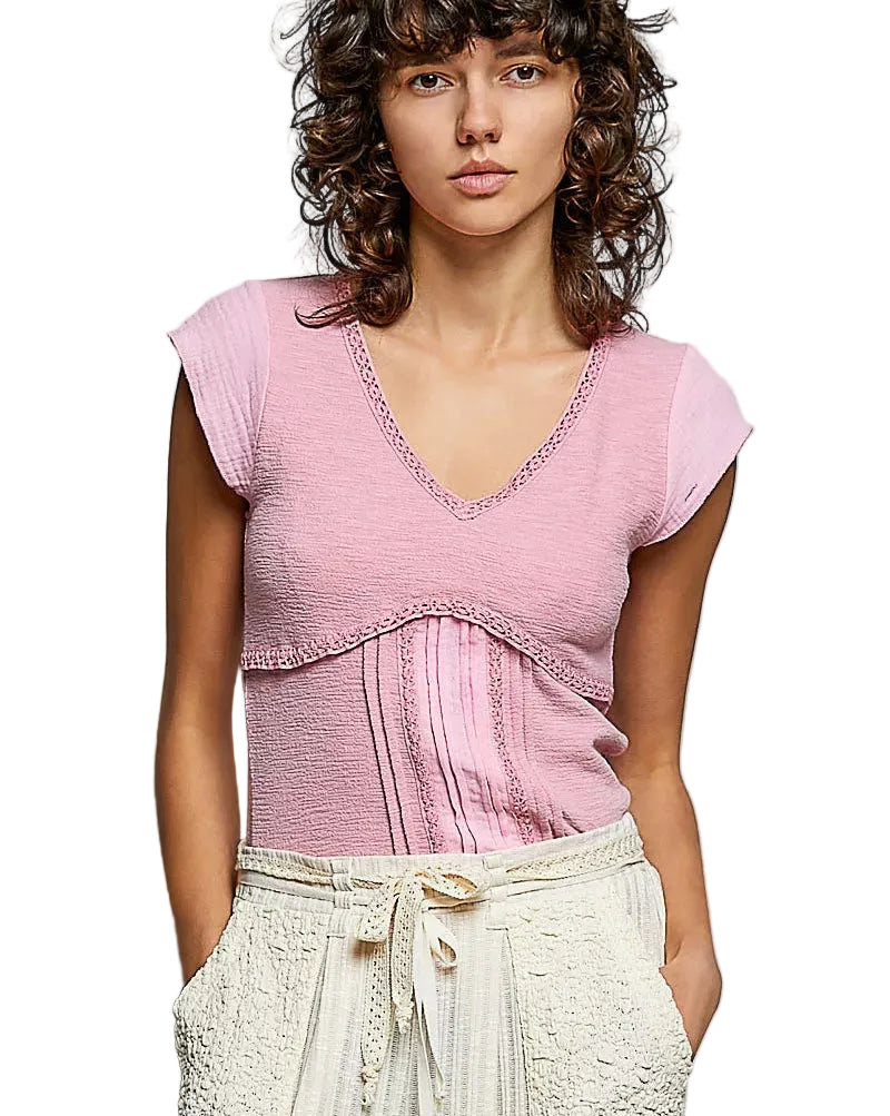 POL V-Neck Lightweight Textured Short Sleeve Knit Top with Lace Trim