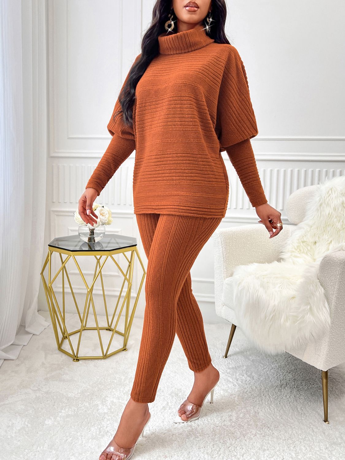 Women Knit Outfit Set 2 Pcs Terracotta Turtleneck Batwing Sleeve Top and Pants 86a19d16-13e3-4d92-ba7e-bcd927b8d98b-Max Trendsi