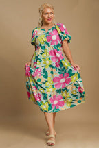 Umgee Midi Dress Plus Size Tiered Floral Print with Puff Short Sleeves Mint Mix 86a25cee-5adf-4b0e-8f26-a406585af480-Min Trendsi