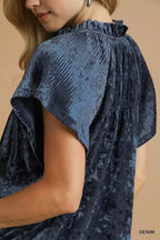 Umgee Women's Blouse Velvet Pleated Denim Blue Crushed Short Sleeve Top 86a271f9-7c94-4eab-bfa0-1a230f592e81-Max-Origin Trendsi